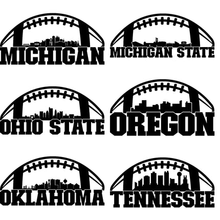 "Collection of six black football-shaped skyline designs featuring bold state and university names. Each design includes a football outline with a city skyline above the text. The designs are labeled: Michigan, Michigan State, Ohio State, Oregon, Oklahoma, and Tennessee."