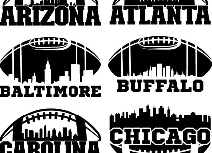 &quot;Set of six black football-themed skyline graphics featuring bold city names beneath stylized football outlines. Each includes a unique skyline silhouette. The designs are labeled: Arizona, Atlanta, Baltimore, Buffalo, Carolina, and Chicago.&quot;