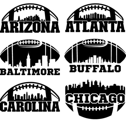 "Set of six black football-themed skyline graphics featuring bold city names beneath stylized football outlines. Each includes a unique skyline silhouette. The designs are labeled: Arizona, Atlanta, Baltimore, Buffalo, Carolina, and Chicago."