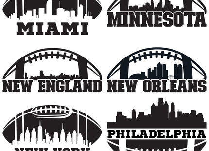 &quot;Collection of six black football-shaped skyline graphics featuring bold city names below each design. Each includes a distinct city skyline silhouette. The designs are labeled: Miami, Minnesota, New England, New Orleans, New York, and Philadelphia.&quot;