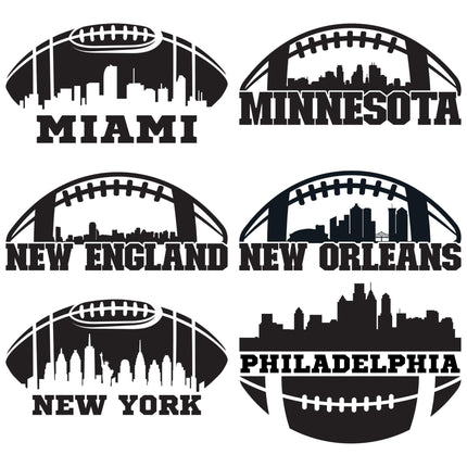 "Collection of six black football-shaped skyline graphics featuring bold city names below each design. Each includes a distinct city skyline silhouette. The designs are labeled: Miami, Minnesota, New England, New Orleans, New York, and Philadelphia."