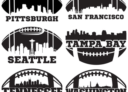 &quot;Set of six black football-themed skyline designs featuring bold city names beneath stylized football outlines. Each includes a unique skyline silhouette representing: Pittsburgh, San Francisco, Seattle, Tampa Bay, Tennessee, and Washington.&quot;