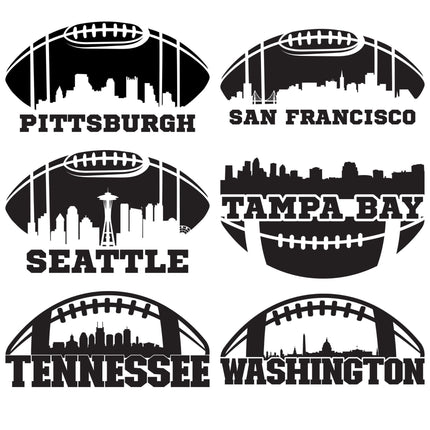 "Set of six black football-themed skyline designs featuring bold city names beneath stylized football outlines. Each includes a unique skyline silhouette representing: Pittsburgh, San Francisco, Seattle, Tampa Bay, Tennessee, and Washington."