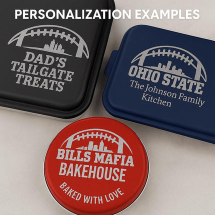 "Three personalized aluminum bakeware lids with engraved football skyline designs. The black lid reads 'Dad’s Tailgate Treats,' the navy blue lid says 'Ohio State – The Johnson Family Kitchen,' and the red round lid features 'Bills Mafia Bakehouse – Baked with Love.' Text at the top reads 'Personalization Examples.'"