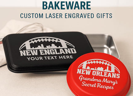 &quot;Two personalized football-themed aluminum bakeware pieces on a kitchen counter, featuring laser-engraved lids. One black rectangular pan reads &#39;New England – Your Text Here,&#39; and one red round pie tin reads &#39;New Orleans – Grandma Mary’s Secret Recipes.&#39; Text above reads &#39;Personalized Football Bakeware – Custom Laser Engraved Gifts.&#39;&quot;