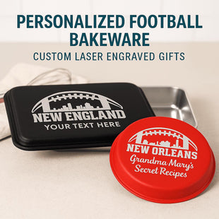 &quot;Two personalized football-themed aluminum bakeware pieces on a kitchen counter, featuring laser-engraved lids. One black rectangular pan reads &#39;New England – Your Text Here,&#39; and one red round pie tin reads &#39;New Orleans – Grandma Mary’s Secret Recipes.&#39; Text above reads &#39;Personalized Football Bakeware – Custom Laser Engraved Gifts.&#39;&quot;