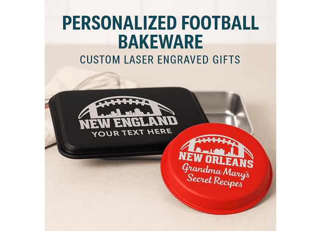 &quot;Two personalized football-themed aluminum bakeware pieces on a kitchen counter, featuring laser-engraved lids. One black rectangular pan reads &#39;New England – Your Text Here,&#39; and one red round pie tin reads &#39;New Orleans – Grandma Mary’s Secret Recipes.&#39; Text above reads &#39;Personalized Football Bakeware – Custom Laser Engraved Gifts.&#39;&quot;