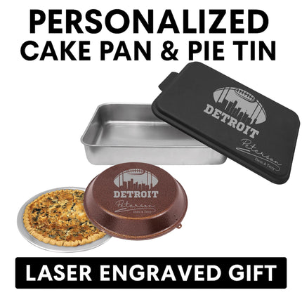 "Personalized football-themed bakeware set featuring a black aluminum cake pan and a brown pie tin, both engraved with the Detroit skyline inside a football outline. The cake pan reads 'Detroit Peterson Darrin & Terry,' and the pie tin is shown with a baked quiche inside. Text above says 'Personalized Cake Pan & Pie Tin,' and below reads 'Laser Engraved Gift.'"