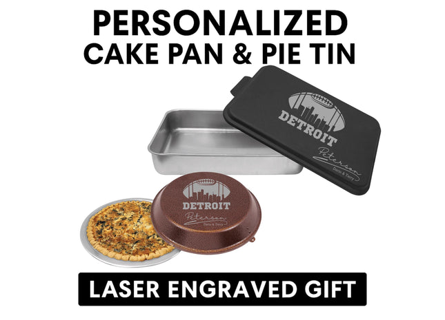 &quot;Personalized football-themed bakeware set featuring a black aluminum cake pan and a brown pie tin, both engraved with the Detroit skyline inside a football outline. The cake pan reads &#39;Detroit Peterson Darrin & Terry,&#39; and the pie tin is shown with a baked quiche inside. Text above says &#39;Personalized Cake Pan & Pie Tin,&#39; and below reads &#39;Laser Engraved Gift.&#39;&quot;