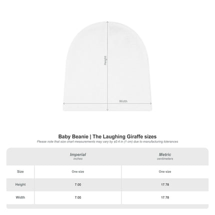 "Baby beanie size chart showing a white beanie with height and width measurement lines. Below, a table displays The Laughing Giraffe baby beanie measurements: 7 inches height and 7 inches width (17.78 cm each). Note mentions that measurements may vary by ±0.4 inches due to manufacturing tolerances."