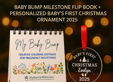Pregnancy Gift Set | Baby Bump Milestone Flip Book + Personalized Baby’s First Christmas Ornament 2025 | Expecting Mom Baby Shower Gift