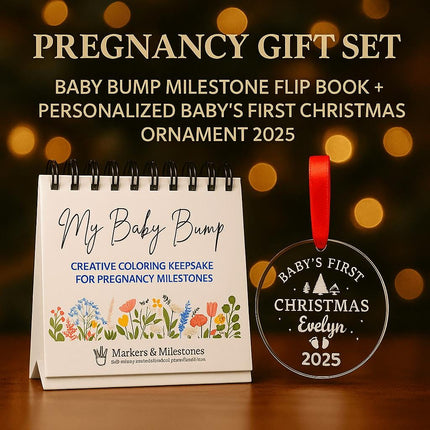 Pregnancy Gift Set | Baby Bump Milestone Flip Book + Personalized Baby’s First Christmas Ornament 2025 | Expecting Mom Baby Shower Gift