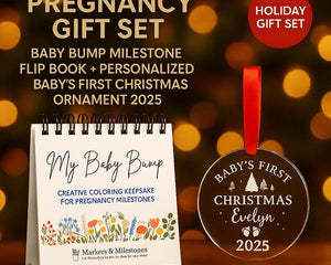 Pregnancy Gift Set | Baby Bump Milestone Flip Book + Personalized Baby’s First Christmas Ornament 2025 | Expecting Mom Baby Shower Gift