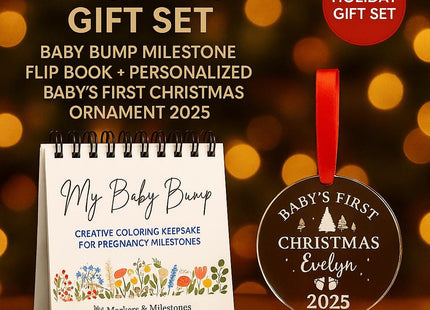 Pregnancy Gift Set | Baby Bump Milestone Flip Book + Personalized Baby’s First Christmas Ornament 2025 | Expecting Mom Baby Shower Gift