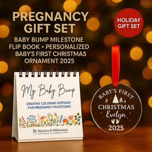 Pregnancy Gift Set | Baby Bump Milestone Flip Book + Personalized Baby’s First Christmas Ornament 2025 | Expecting Mom Baby Shower Gift