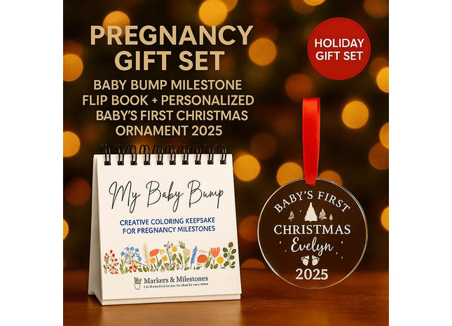 Pregnancy Gift Set | Baby Bump Milestone Flip Book + Personalized Baby’s First Christmas Ornament 2025 | Expecting Mom Baby Shower Gift
