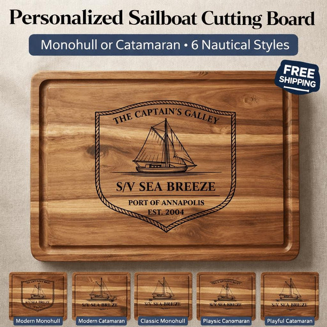 Personalized Sailboat Cutting Board, Custom Boat Name & Coordinates, Nautical Gift for Sailors, Monohull or Catamaran