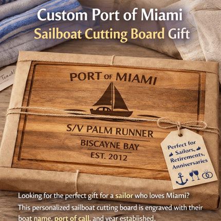 Personalized Sailboat Cutting Board Custom Engraved Nautical Gift with Boat Name, Home Port, Wedding Anniversary Retirement Gift for Sailors