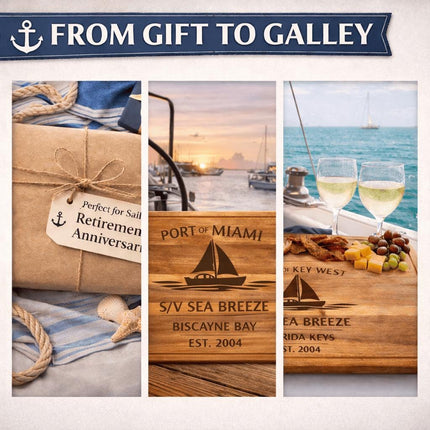 Personalized Sailboat Cutting Board Custom Engraved Nautical Gift with Boat Name, Home Port, Wedding Anniversary Retirement Gift for Sailors