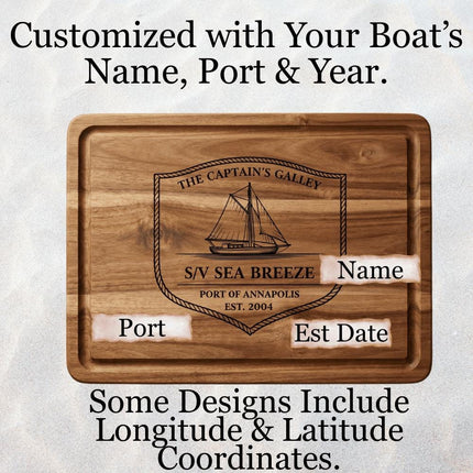 Personalized Sailboat Cutting Board, Custom Boat Name & Coordinates, Nautical Gift for Sailors, Monohull or Catamaran