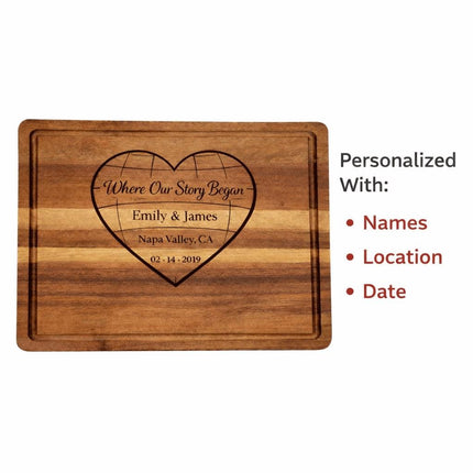 Personalized Valentine Cutting Board – Where Our Story Began Heart, Custom Names Date Location, Anniversary Gift for Couple