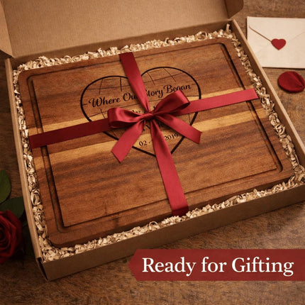 Personalized Valentine Cutting Board – Where Our Story Began Heart, Custom Names Date Location, Anniversary Gift for Couple