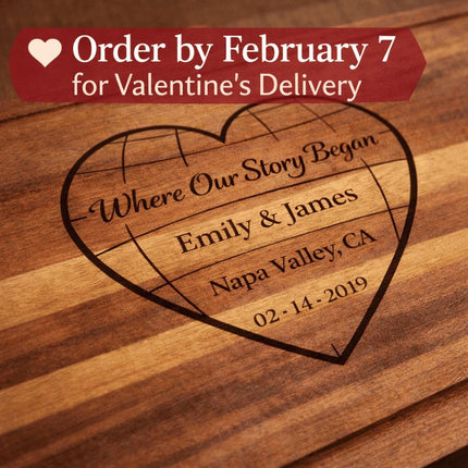 Personalized Valentine Cutting Board – Where Our Story Began Heart, Custom Names Date Location, Anniversary Gift for Couple