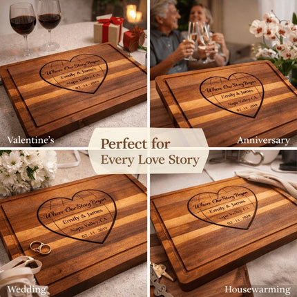 Personalized Valentine Cutting Board – Where Our Story Began Heart, Custom Names Date Location, Anniversary Gift for Couple