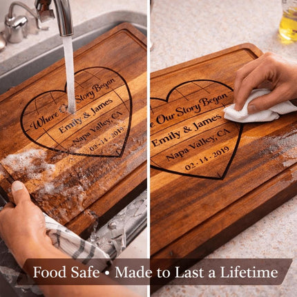 Personalized Valentine Cutting Board – Where Our Story Began Heart, Custom Names Date Location, Anniversary Gift for Couple