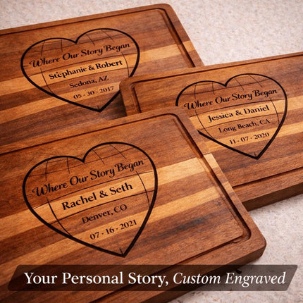 Personalized Valentine Cutting Board – Where Our Story Began Heart, Custom Names Date Location, Anniversary Gift for Couple