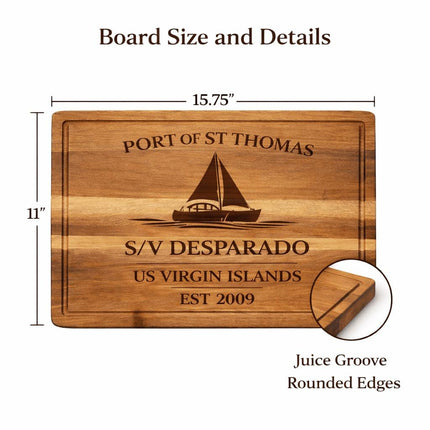 St Thomas Sailboat Cutting Board – Personalized Nautical Gift, Custom Boat Name & Home Port, Anniversary Wedding Housewarming Gift