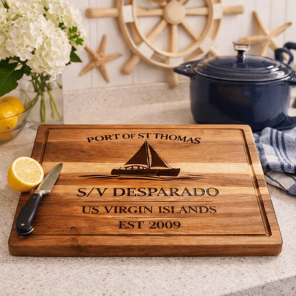 St Thomas Sailboat Cutting Board – Personalized Nautical Gift, Custom Boat Name & Home Port, Anniversary Wedding Housewarming Gift