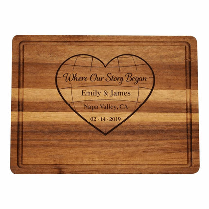 Personalized Valentine Cutting Board – Where Our Story Began Heart, Custom Names Date Location, Anniversary Gift for Couple