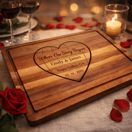 Personalized Valentine Cutting Board – Where Our Story Began Heart, Custom Names Date Location, Anniversary Gift for Couple