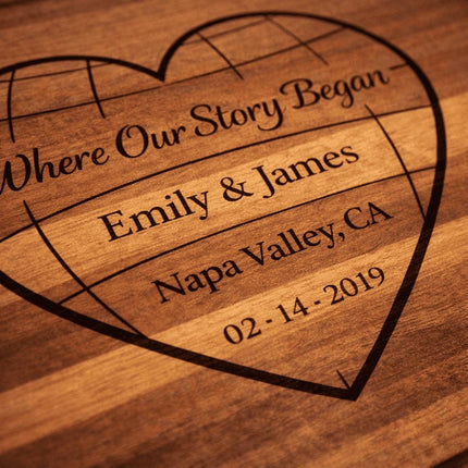 Personalized Valentine Cutting Board – Where Our Story Began Heart, Custom Names Date Location, Anniversary Gift for Couple