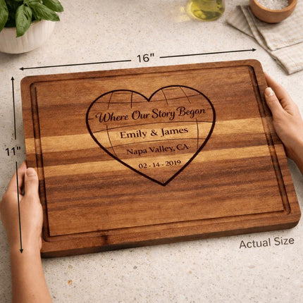 Personalized Valentine Cutting Board – Where Our Story Began Heart, Custom Names Date Location, Anniversary Gift for Couple
