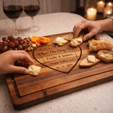 Personalized Valentine Cutting Board – Where Our Story Began Heart, Custom Names Date Location, Anniversary Gift for Couple