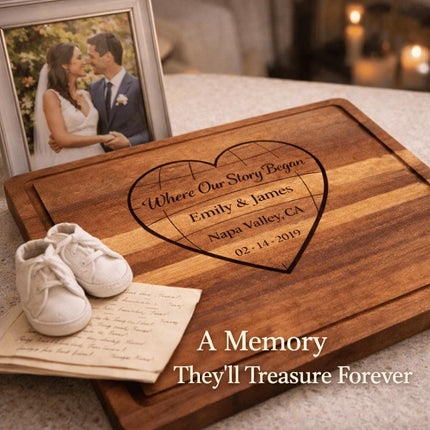 Personalized Valentine Cutting Board – Where Our Story Began Heart, Custom Names Date Location, Anniversary Gift for Couple