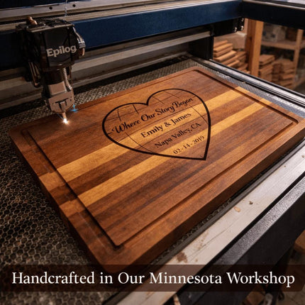 Personalized Valentine Cutting Board – Where Our Story Began Heart, Custom Names Date Location, Anniversary Gift for Couple