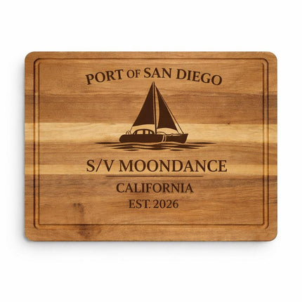 San Diego Sailboat Cutting Board – Personalized Nautical Gift, Custom Boat Name & Home Port, Engraved Coastal Kitchen Décor Gift