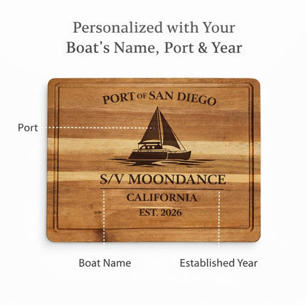 San Diego Sailboat Cutting Board – Personalized Nautical Gift, Custom Boat Name & Home Port, Engraved Coastal Kitchen Décor Gift