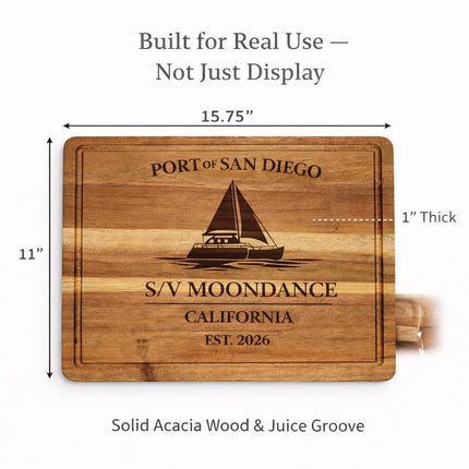 San Diego Sailboat Cutting Board – Personalized Nautical Gift, Custom Boat Name & Home Port, Engraved Coastal Kitchen Décor Gift