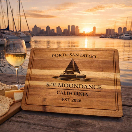 San Diego Sailboat Cutting Board – Personalized Nautical Gift, Custom Boat Name & Home Port, Engraved Coastal Kitchen Décor Gift