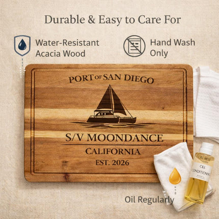 San Diego Sailboat Cutting Board – Personalized Nautical Gift, Custom Boat Name & Home Port, Engraved Coastal Kitchen Décor Gift