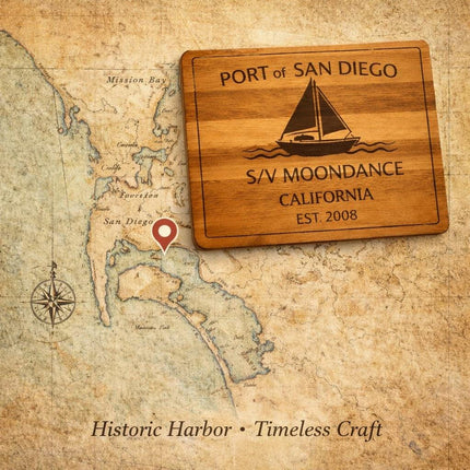San Diego Sailboat Cutting Board – Personalized Nautical Gift, Custom Boat Name & Home Port, Engraved Coastal Kitchen Décor Gift