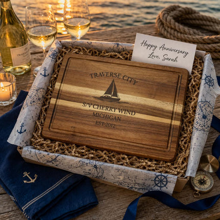 Traverse City Sailboat Cutting Board, Personalized Acacia Wood, Custom Boat Name Nautical Kitchen Decor