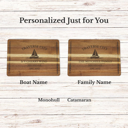 Traverse City Sailboat Cutting Board, Personalized Acacia Wood, Custom Boat Name Nautical Kitchen Decor