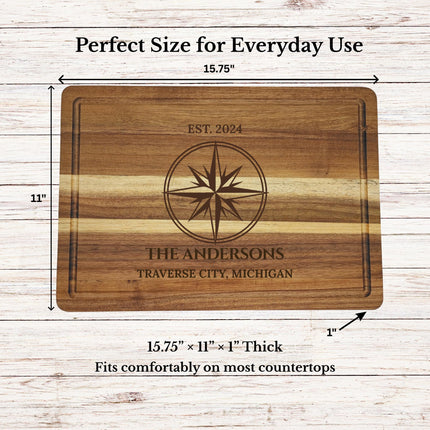 Acacia wood cutting board dimensions 15.75 by 11 inches with one inch thickness shown for kitchen use size reference