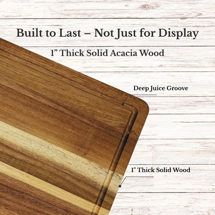 Thick solid acacia wood cutting board with deep juice groove designed for everyday kitchen use durability and function