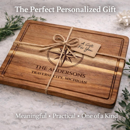 Personalized compass cutting board styled as a thoughtful gift with twine and tag perfect for weddings housewarming and special occasions